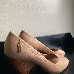Tan Quilted Wedges with Rounded Toe and Zipper Detail